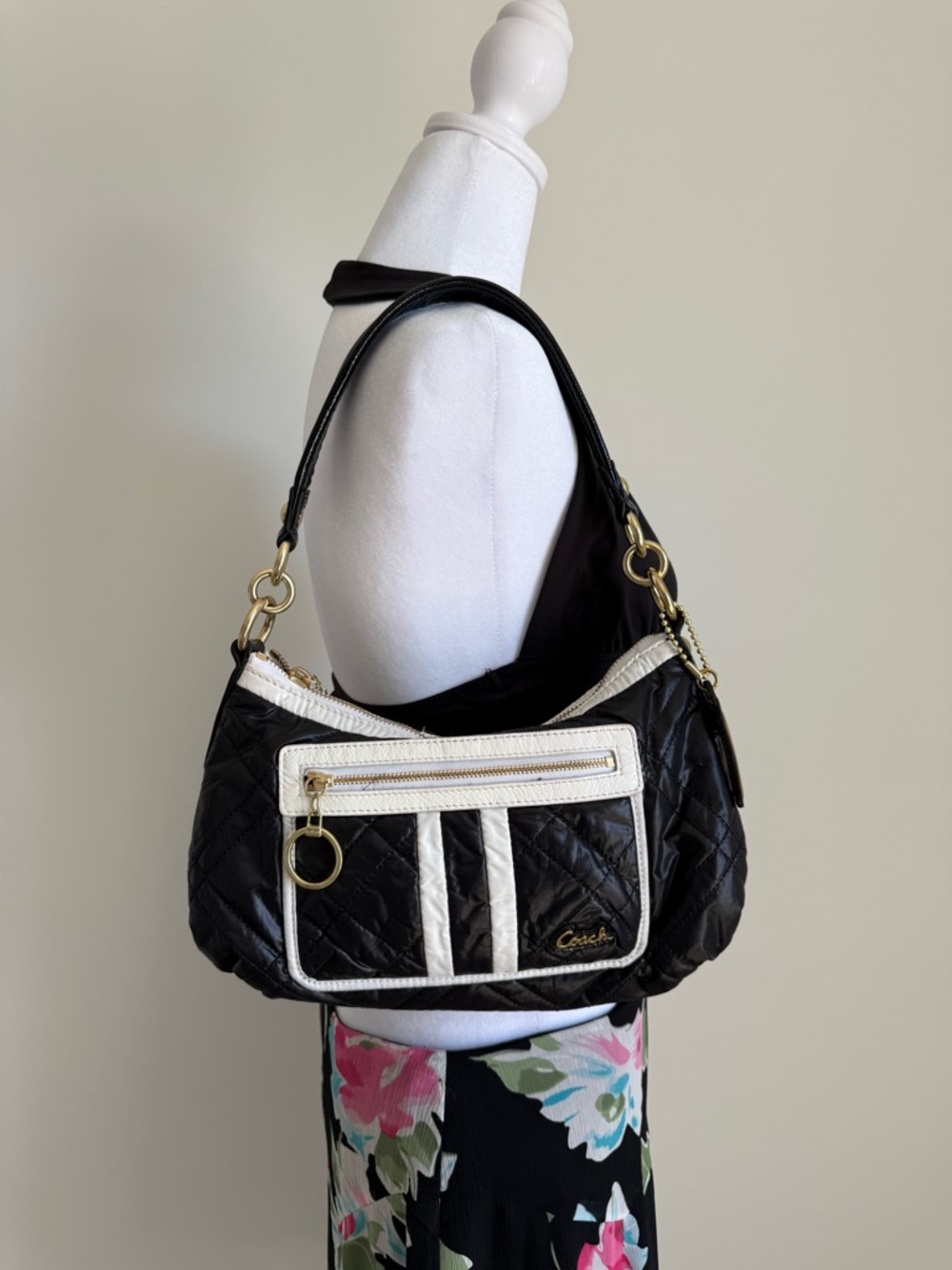 Coach Poppy Ski Bunny black & white quilted nylon handbag